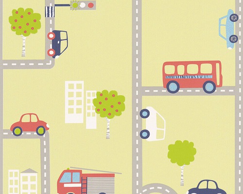 Papier peint avec motif de rues, véhicules et arbres pour chambre d''enfant