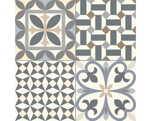 Fliesen mit verschiedenen geometrischen und floralen Mustern