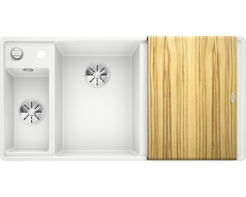 Blanco AXIA III 6 S-F évier lxp 990x500 mm Silgranit blanc avec planche à découper en bois et bac multifonction 524666