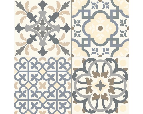 Dekorative Fliesen mit floralen und geometrischen Mustern