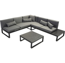 Graue Loungegruppe mit Ecksofa, Kissen und Tisch für den Garten