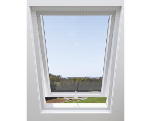 Dachfenster mit Insektenschutzgitter und Ausblick auf die Natur