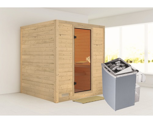 Sauna en bois massif Karibu Wojave avec poêle 9 kW et commande intégrée sans couronne avec porte entièrement vitrée couleur bronze