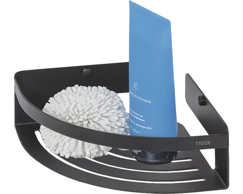 Étagère d''angle noire avec gel douche et fleur de douche