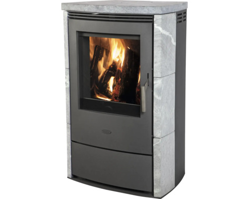 Poêle à bois avec feu de bois derrière une vitre