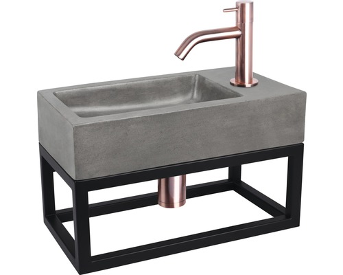 Lavabo avec vasque en béton, robinet et structure métallique