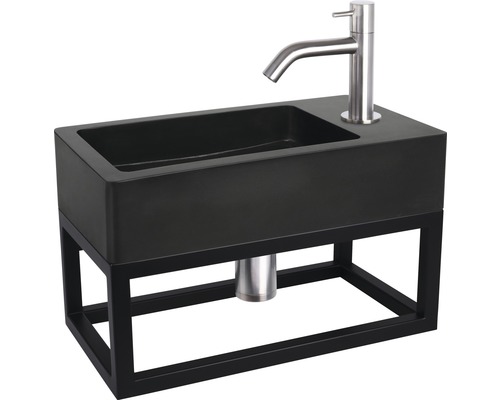 Lavabo avec vasque noire, structure métallique et robinetterie