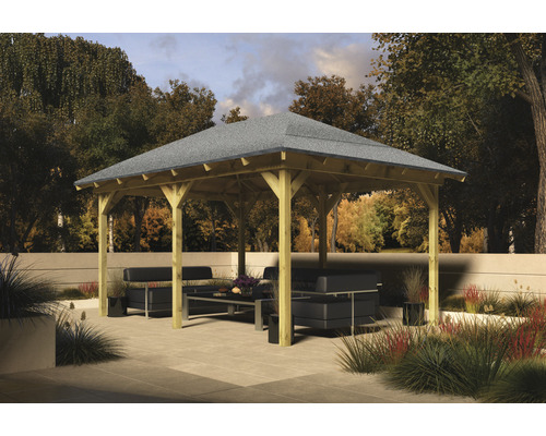 Pavillon Karibu Eco Taura 289x429 cm traité en autoclave par imprégnation Pavillon de jardin en bois avec mobilier