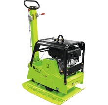 Grüne Rüttelplatte für Bodenverdichtung mit Bedienelementen und Motor.