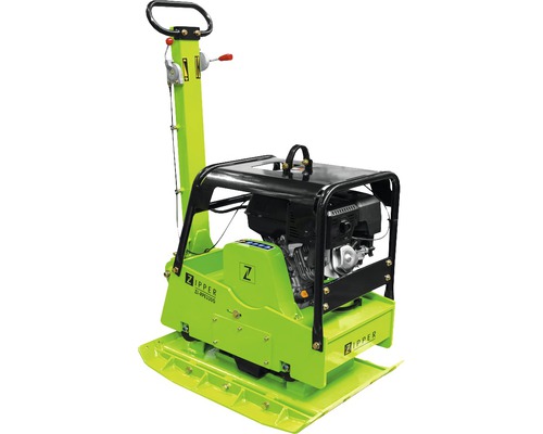 Grüne Rüttelplatte für Bodenverdichtung mit Bedienelementen und Motor.