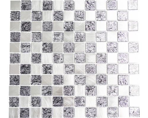 Aluminiummosaik XAM A451 silber/schwarz glänzend 32,7x30,2 cm Mosaikfliese mit quadratischen Elementen und unterschiedlichen Oberflächen