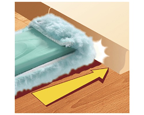 Illustration d''une serpillière nettoyant le long d''une plinthe, avec une flèche jaune indiquant le sens du mouvement
