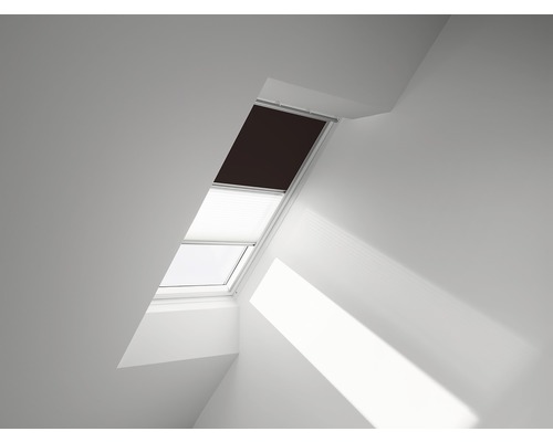 Store duo VELUX store occultant uni marron foncé et store plissé blanc cadre aluminium DFD M08 4559S