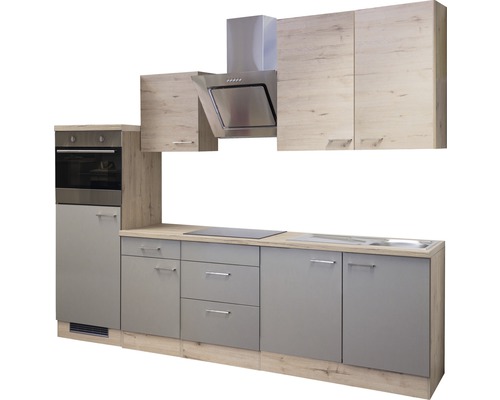 Komplette Küchenzeile mit Hängeschränken, Dunstabzugshaube, Spüle und Herd