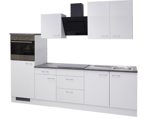 Komplette Küche mit Elektrogeräten, bestehend aus Unterschränken, Hängeschränken, Spüle, Herd und Dunstabzugshaube.