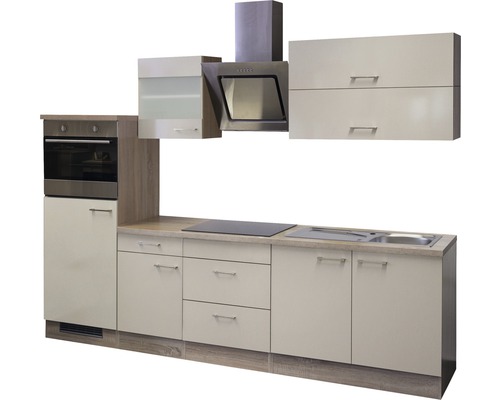 Cuisine équipée avec four encastrable, hotte aspirante, évier et plaque de cuisson