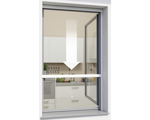Geöffnetes Fenster mit Insektenschutzrollo vor einer Küche
