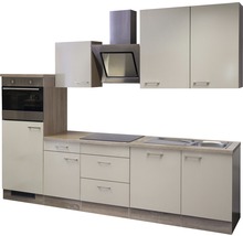 Cuisine complète avec éléments hauts, hotte aspirante, évier, plaque de cuisson et four intégré