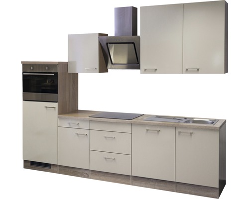 Cuisine complète avec éléments hauts, hotte aspirante, évier, plaque de cuisson et four intégré