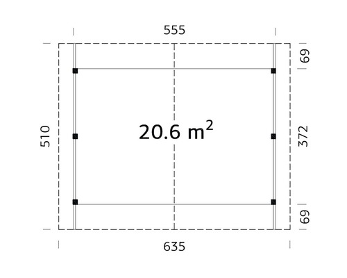 Grundriss mit Maßangaben, Fläche 20,6 Quadratmeter