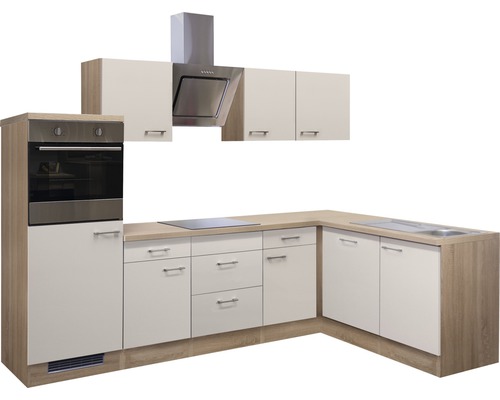 Cuisine complète avec armoires, hotte, évier et plaque électrique