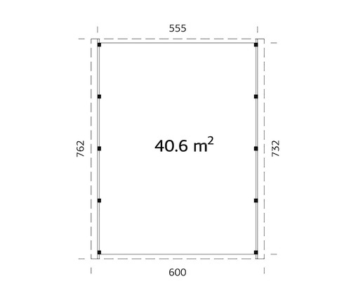 Plan avec les dimensions 555, 600, 732 et 762 ainsi qu''une surface de 40,6 mètres carrés