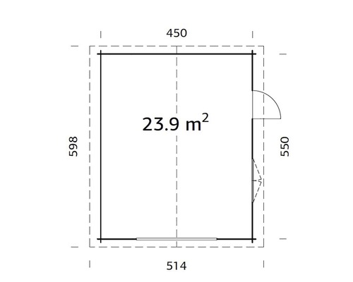 Grundriss eines Gartenhauses mit den Maßen 450 x 514 x 598 x 550 und einer Fläche von 23,9 Quadratmetern.