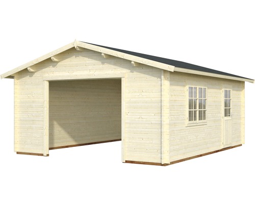 Garage en bois avec porte de garage ouverte, fenêtre et porte