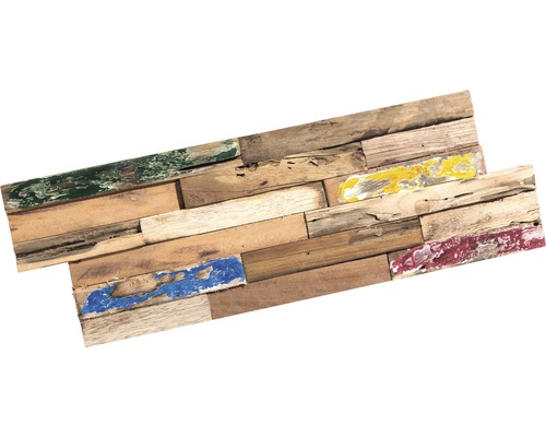 Revêtement mural en bois recyclé avec des accents colorés