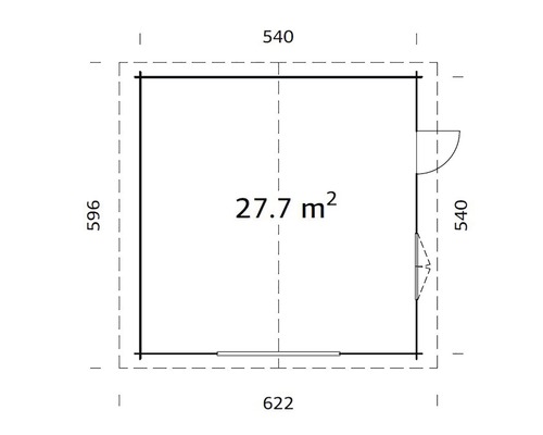 Plan d''un abri de jardin avec des dimensions de 540, 596 et 622 centimètres, et une surface de 27,7 mètres carrés