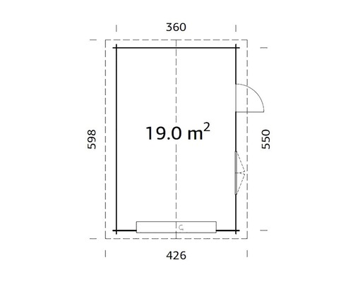 Plan d''un abri de jardin avec les dimensions 360 x 426 x 598 x 550 et une surface de 19 mètres carrés.