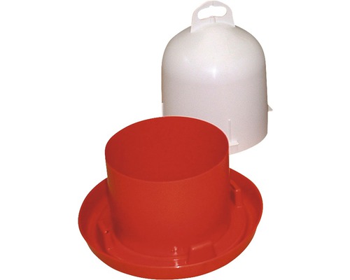 Abreuvoir pour volaille avec récipient inférieur rouge et récipient blanc