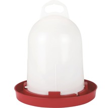 Abreuvoir à volaille en plastique avec récipient rouge et blanc.
