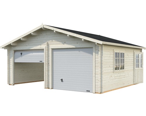 Garage double en bois avec deux portes, une porte et une fenêtre