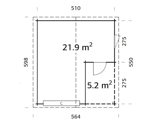 Grundriss eines Gartenhauses mit Flächenangaben und Abmessungen