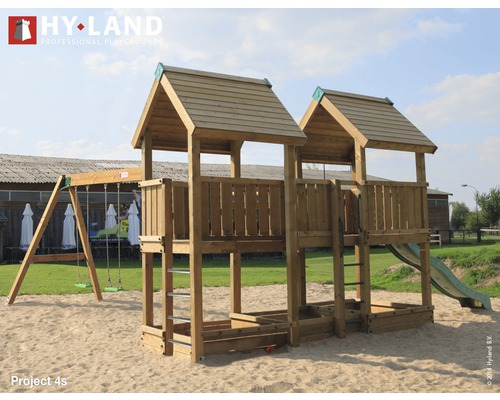 Spielturm Hyland Projekt 4S Holz mit Sandkasten, Doppelschaukel, Rutsche grün