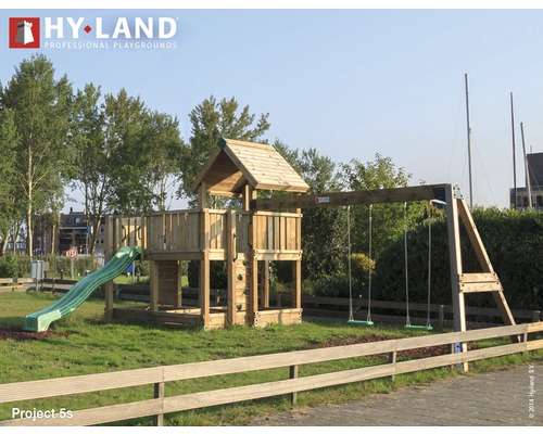 Tour de jeu Hyland Projekt 5S bois avec bac à sable, double balançoire, toboggan vert