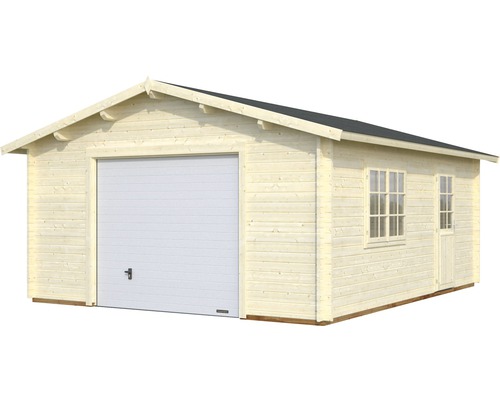 Garage en bois avec porte sectionnelle, fenêtre et porte