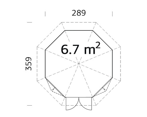 Plan du chalet de jardin avec des dimensions de 289 sur 359 et une superficie de 6,7 mètres carrés