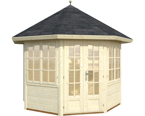 Pavillon de jardin en bois avec fenêtres et bardeaux de toiture