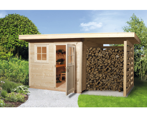 Abri de jardin weka 170A Taille 1 avec plancher et espace de rangement pour le bois 430 x 280 cm naturel Abri de jardin weka 170A Taille 1 avec plancher et espace de rangement pour le bois 430 x 280 cm naturel