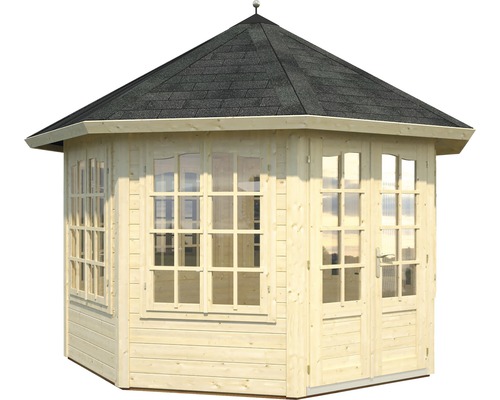 Achteckiger Pavillon aus Holz mit Fenstern und Dachschindeln