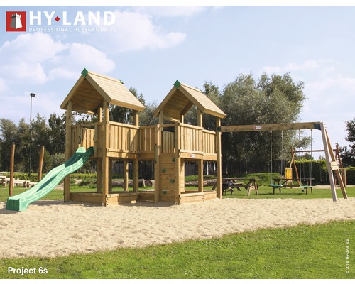 Tour de jeu Hyland Projekt 6S bois avec bac à sable, mur d'escalade, double balançoire, toboggan vert