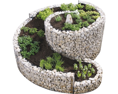 Jardinière en spirale à base de gabions avec plantations
