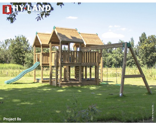 Spielturm Hyland Projekt 8S Holz mit Sandkasten, Kletterwand, Doppelschaukel, Rutsche grün