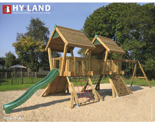 Tour de jeu Hyland Projekt Q4S bois avec bac à sable, mur d'escalade, double balançoire, toboggan vert