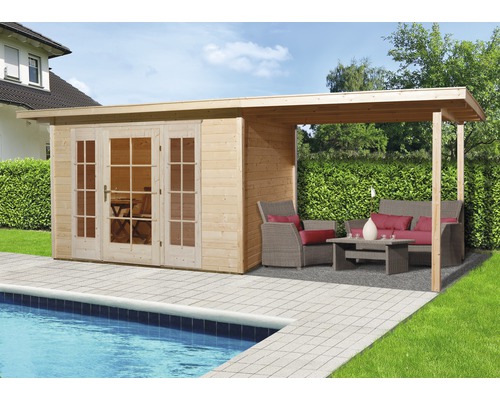 Abri de jardin weka Panorama 172 Taille 2 avec plancher et extension de 300 cm 614 x 342 cm naturel