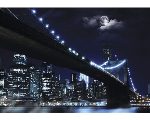 Papier peint photo papier Brooklyn Bridge bleu noir 368 x 254 cm Vue sur le pont de Brooklyn de nuit avec paysage urbain et lune