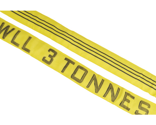 Sangle de levage jaune avec une capacité de charge de 3 tonnes.