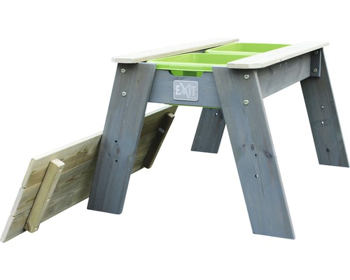 Table de jeu sable-eau et de pique-nique EXIT Aksent T. L 94x69x50 cm gris Table à sable en bois avec bacs verts et une étagère latérale.